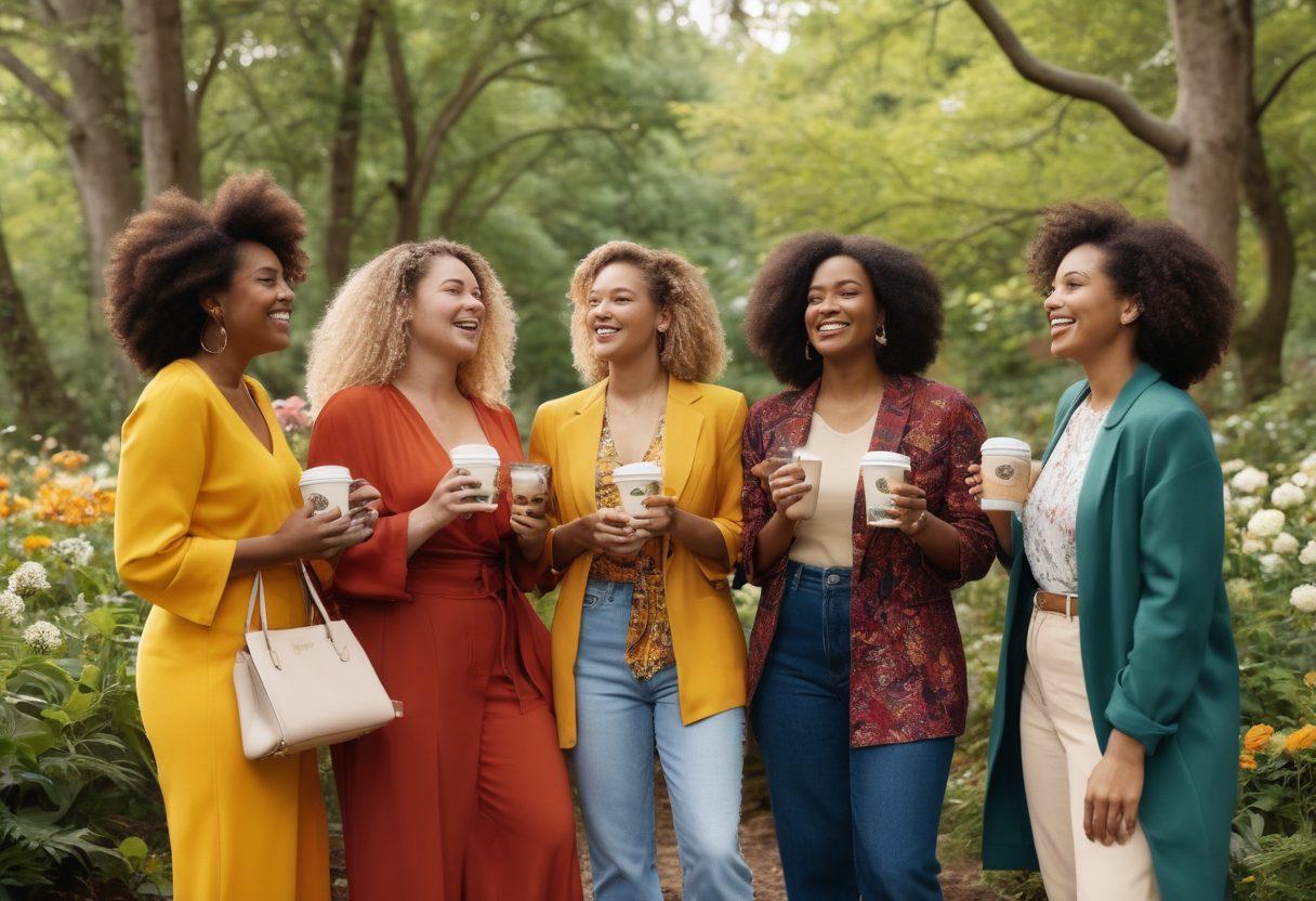 A diverse group of confident women of varying shapes and sizes engaged in a lively outdoor conversation, showcasing their unique fashion styles and expressing joy. The background features natural elements like trees and flowers, symbolizing growth and acceptance. Soft, empowering lighting accentuates their smiles and body positivity. The scene includes elements like coffee cups, stylish handbags, and vibrant clothing to emphasize camaraderie. vibrant colors. super-realistic.