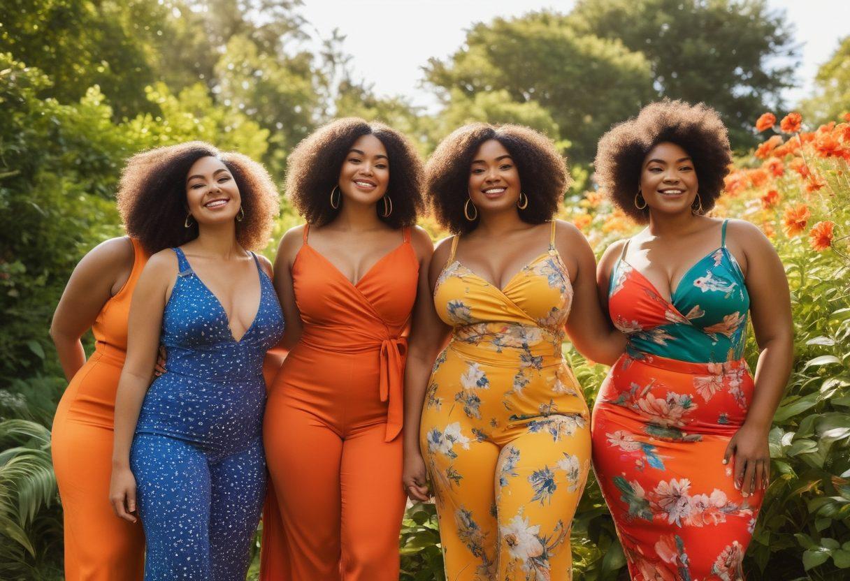 A diverse group of women proudly showcasing their curves, wearing vibrant clothing, standing together in a sunlit park, surrounded by flowers and greenery. The expressions on their faces exude confidence and joy, celebrating their individuality. The scene should evoke feelings of body positivity and empowerment. rich colors. painterly style. warm and inviting atmosphere.