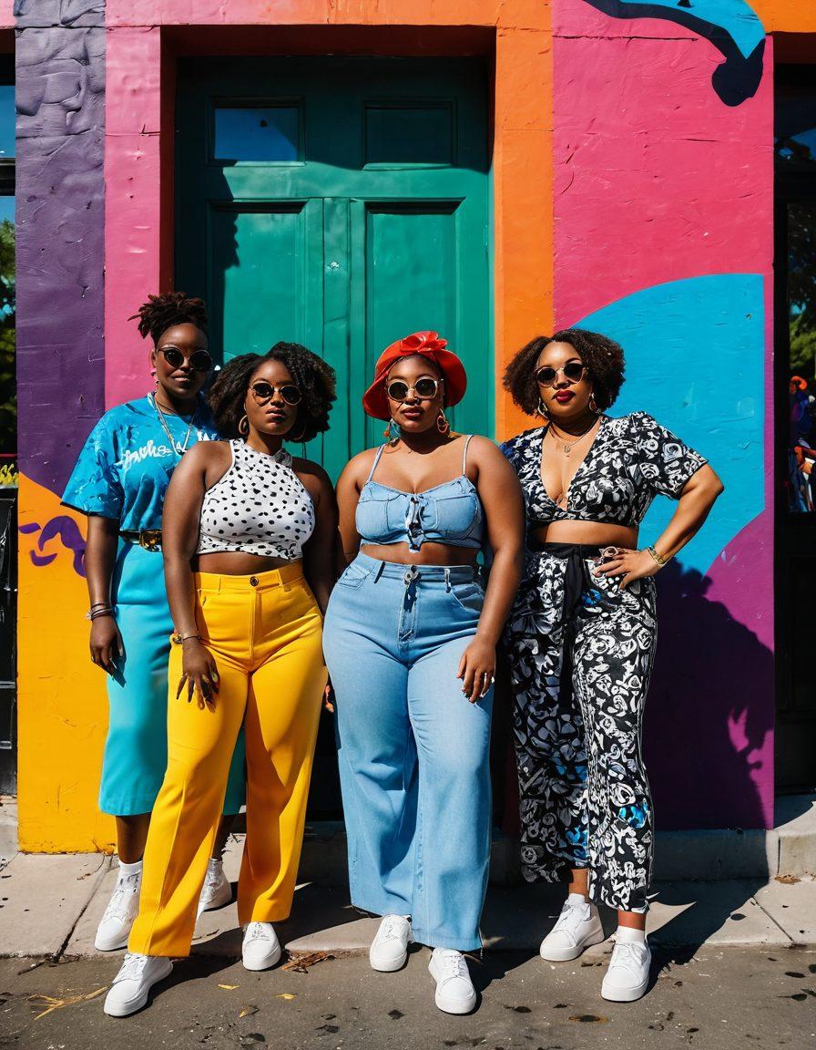 A diverse group of individuals confidently showcasing their unique fashion styles in a vibrant urban setting, celebrating body positivity. The scene features bold patterns, eclectic accessories, and joyful expressions, surrounded by colorful street art that embodies self-expression. Sunlight filters through trees, creating a warm, inviting atmosphere. Include elements like flowers and playful props to enhance the theme of personal style and self-love. super-realistic. vibrant colors. urban background.